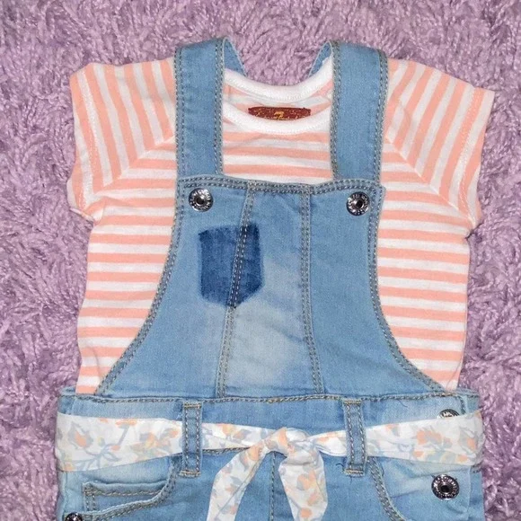 12m Seven for All Mankind Baby Girls Denim Overall Peach Stripe Shirt Outfit Set - Picture 3 of 11